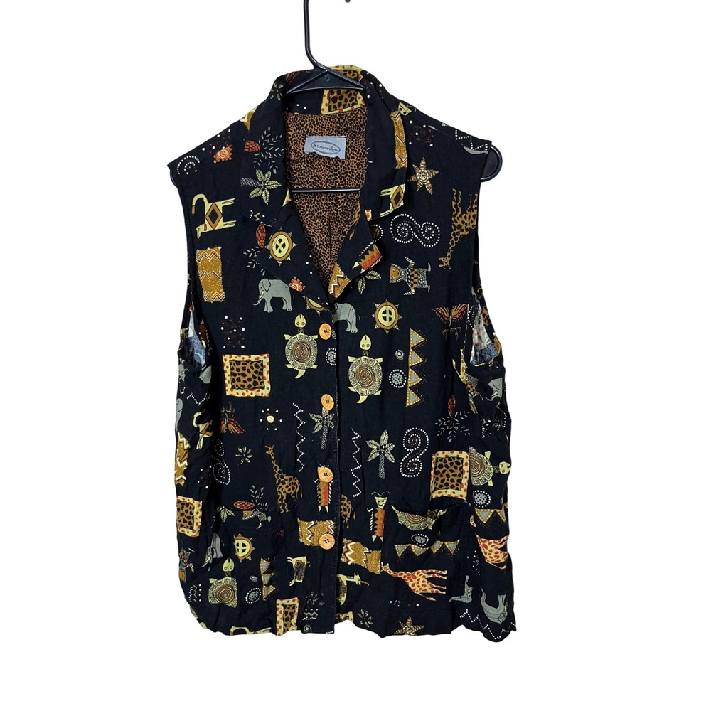 Vintage Stonebridge Safari Print Button Down Vest Sleeveless Top Animal Print XL